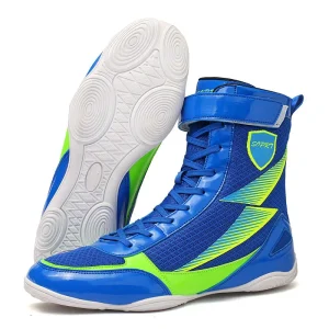 Chaussures de boxe bleues avec inscription verte Soprt