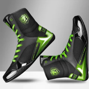 Chaussures de boxe noires et vertes avec inscription verte Laststand