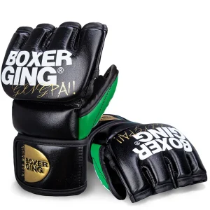 Gants de MMA noirs et verts avec inscription Boxer Gingpai