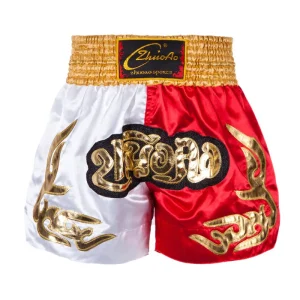 Short boxe thai blanc et rouge avec inscriptions dorées ZhuoAo