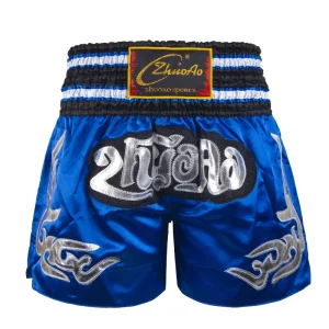 Short boxe thai bleu avec inscriptions argentées ZhuoAo
