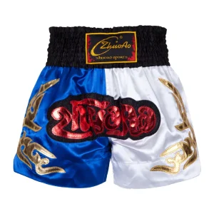 Short boxe thai bleu et blanc avec inscriptions rouges et dorées ZhuoAo