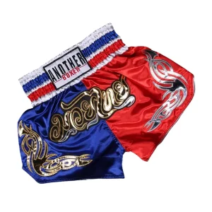 Short boxe thai bleu et rouge avec inscriptions dorées et argentées Anotherboxer