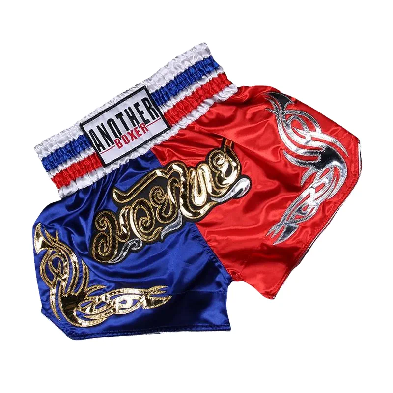 Short boxe thai bleu et rouge avec inscriptions dorées et argentées Anotherboxer