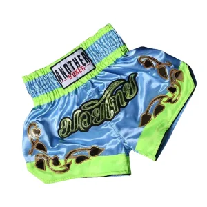 Short boxe thai bleu et vert avec inscriptions dorées Anotherboxer