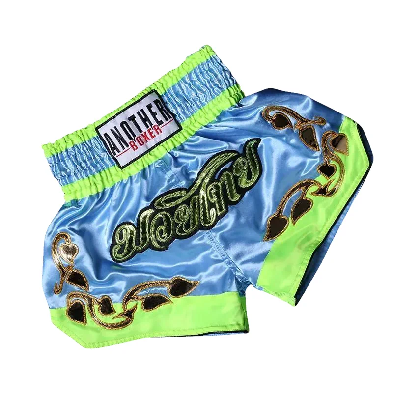 Short boxe thai bleu et vert avec inscriptions dorées Anotherboxer