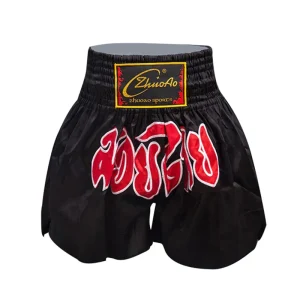 Short boxe thai noir avec inscriptions rouges ZhuoAo