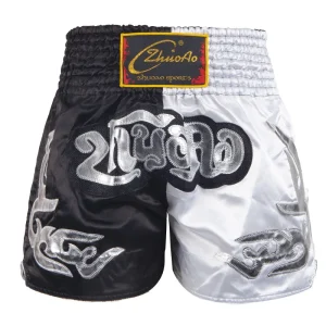 Short boxe thai noir et blanc avec inscriptions argentées ZhuoAo