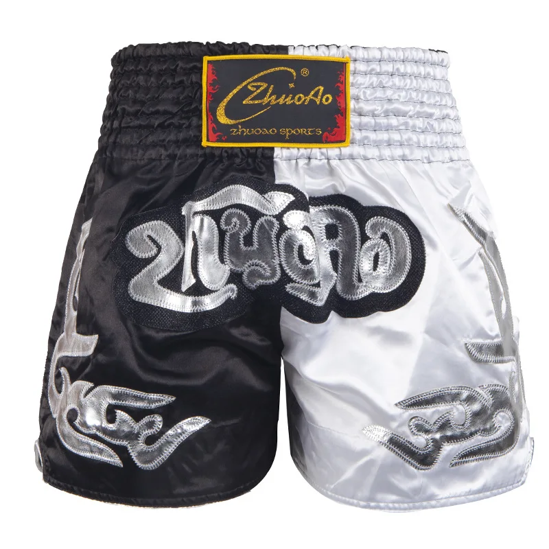 Short boxe thai noir et blanc avec inscriptions argentées ZhuoAo