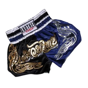 Short boxe thai noir et bleu avec inscriptions dorées et argentées Anotherboxer