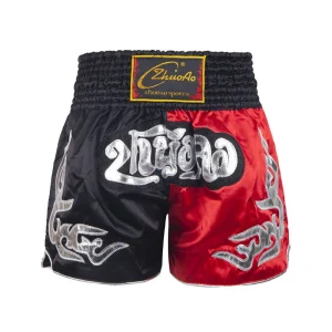 Short boxe thai noir et rouge avec inscriptions argentées ZhuoAo