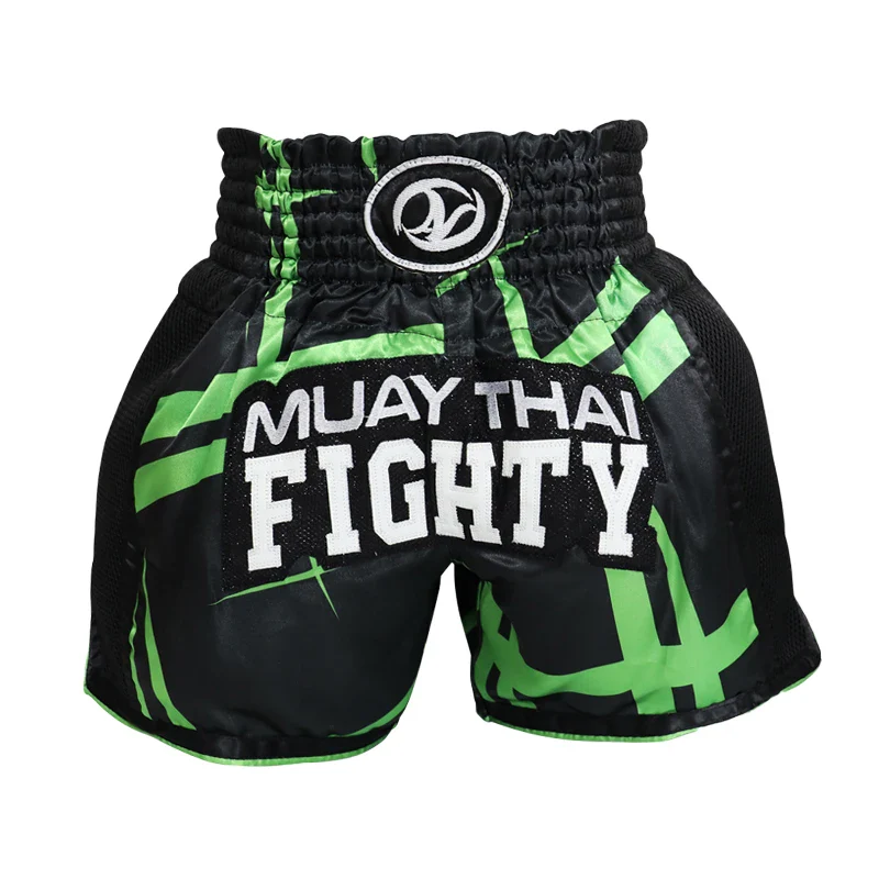 Short boxe thai noir et vert avec inscriptions blanches Muay Thai Fighty