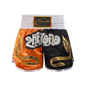 Short boxe thai orange et noir avec inscriptions dorées et argentées ZhuoAo