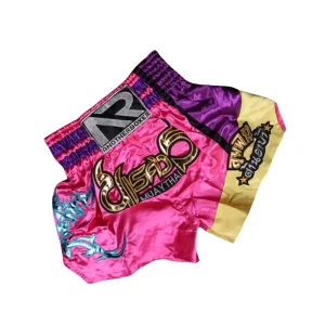 Short boxe thai rose jaune et violet avec inscriptions dorées Anotherboxer