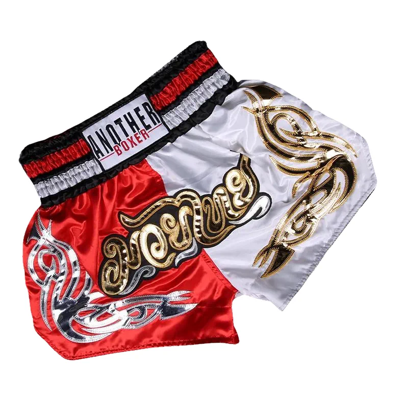 Short boxe thai rouge et blanc avec inscriptions dorées et argentées Anotherboxer