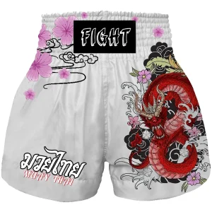 Short femme boxe thai blanc et rose avec dragon Fight