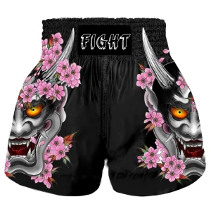 Short femme boxe thai noir et rose avec masque Hannya Fight