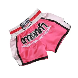 Short femme boxe thai rose et blanc avec inscriptions noires Anotherboxer