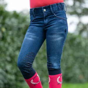 Pantalon équitation fille HKM Aymee Denim basanes grip